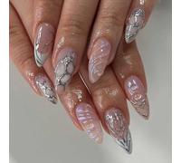 Danshinbow 24pcs Long Almond Crystal Fake Nails Gradient Nude Water Droplet False Nails Water Ripple Rhinestone Press on Nails for Women and Girls (Pink)