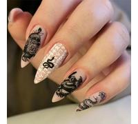 Danshinbow 24pcs Long Halloween Dark Series Fake Nails Gradient Snake Pointed False Nails Flower Bow Pearl Nails for Women and Girls (Black2)