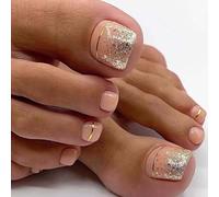 Danshinbow 24pcs Square Nude Fake ToeNails Glitter Gold Foil False Toenails Glossy Toe Nail for Women and Girls
