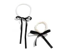 Danshinbow 2pcs Round Pearl Black Silk Ribbon Choker Necklace Chain and Bracelets Set Necklaces Hand Chains Punk Adjustable Jewelry for Women and Girls