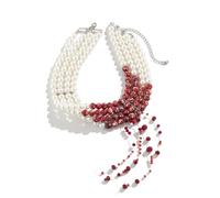 Danshinbow Halloween Layered Pearl Tassels Choker Gothic Necklace Bracelet Blood Droplet Pendants Adjustable Necklaces Bracelets for Women and Girls (Red-Necklace)