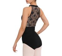 DANSHOW Women Ballet Leotard with Floral Lace Mesh Back ，Black Halter Dancewear，Full Front Lining (23911-06-XL)