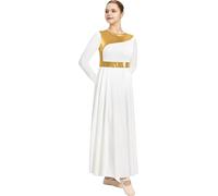 DANSHOW Women Praise Dance Dress Metallic Fit Full Length Liturgical Worship Costume Long Sleeve Dancewear(238109-07-M) White