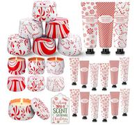 Dansib 24 Set/ 48 Pcs Xmas Candy Cane Design Gift Bulk for Women 3.5oz Peppermint Scented Candles Hand Cream Lotion Set Christmas Stocking Stuffer Travel Size Mini Hand Lotion for Gift Basket Favor