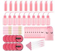 Dansib 60 Pcs Lash Shampoo Bottle Brushes Set 10 Lash Shampoo Brushes 10 Mascara Tubes and Wands 10 Foam Pump Bottle 10 Cleaning Rinse Bottles 10 Makeup Remover Pad 10 Aftercare Drawstring Bag (Pink)