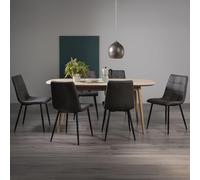 Dansk Scandi Oak Extending Dining Table Set - 6-8 Seater - 175cm-215cm - 6 Mondrian Dark Grey Faux Leather Chairs