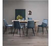Dansk Scandi Oak Extending Dining Table Set - 6-8 Seater - 175cm-215cm - 6 Mondrian Petrol Blue Velvet Chairs