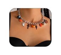 DANSOAN Halloween Pumpkin Pendant Necklace Chunky Cross Ghost Skull Tassel Pendant Necklace for Women Silver Star Round Bat Pumpkin Choker Necklace Gothic Halloween Cuban Chain Jewelry Gifts