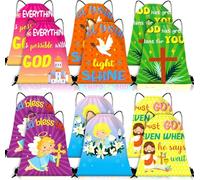Dansydaisy 12 Pack Religious Drawstring Backpacks Christian Bulk Tote Drawstring Bags for Kids Religious Gifts for Vacation Bible School, Easter Parties, Church Events, 9.84 x 11.81 Inch, 6 Styles