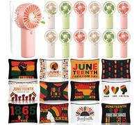 Dansydaisy 24pcs Mini Portable Fan and Juneteenth Freedom Day Make up Bags Bulk Small Handheld Personal Eyelash Fan Emancipation Themed Cosmetic Pouch with Zipper for Women Men Travel Party Gift