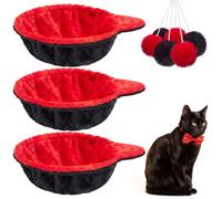 Dansydaisy 3 Pack 14.6" Large Goth Cat Tree Hammock Basket Bed Lounger Tower Replacement Parts with 6 Pcs Hanging Elastic Strings Pom Pom Toys, Red and Black Cat Tree Accessories Hammock Attachment