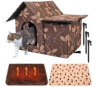 Dansydaisy 3 Pcs 21 x 18 Inch Winter Weatherproof Outdoor Cat House Large Leaf Collapsible Cat Shelter with Warming Self Door Mat Blanket Feral Kitty Bed for Outside Dogs Puppies, Easy to Assemble