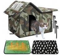 Dansydaisy 3 Pcs 21"x 18" Outdoor Waterproof Cat House with Curtained Door Self Warming Pad Blanket Large Feral Cat Shelter Winter Camo Collapsible Kitty Dog Bed Outside, 3 Tent Stakes, Easy Assemble