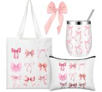 Dansydaisy 4 Pcs Pink Bows Gift Set Coquette Party Canvas Tote Bag Makeup Bag Stainless Steel Mug Vacuum Insulated Tumbler with Straw Pink Bow Hair Accessories for Women Coquette Birthday Decoration,