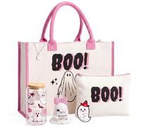 Dansydaisy 6 Pcs Halloween Boo Basket Stuffers Gift Set for Women, Pink | Includes Ghost Tote Bag, Makeup Pouch, Glass Tumbler, Crochet Doll, Necklace and Card, Party Favors for Adults Teens Girls