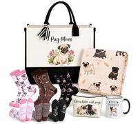 Dansydaisy 7 Pcs Pug Gifts for Women, Dog Mom Gift Set with Blanket, Canvas Tote Bag, Makeup Bag, 3 Pairs Socks and 12oz Mug, Pug Lover Gifts for Birthday, Party, Christmas, New Year