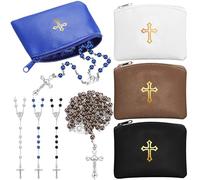 Dansydaisy 8 Pcs Rosary Pouch with Catholic Rosary Beads Necklace Set for Women Leather Holder with Zipper Gold Cross Imprint Case Portable Religious Bag for Travel Christmas, 4 x 3 inches