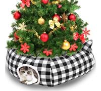 Dansydaisy Cat Tunnel Tree Skirt Black White, 33.9 Inch Bed Cave | Buffalo Plaid Holiday Decor, Collapsible Hideaway with Hanging Ball, Cozy Shelter for Felines and Small Pets Indoor Outdoor