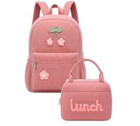 Dansydaisy Corduroy School Backpack Set Preppy Book Backpack and Lunch Bag with Crochet Flower for Girl Back to School Gift, Pink, 10.24 x 13.78 x 4.72 inches/ 26 x 35 x 12 cm, Classic
