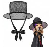 Dansydaisy Halloween Dog Costume Hat for Medium Large Dogs, Gothic Black Mesh Korean Gat Top Hat with Wide Brim and Chin Strap, Halloween Pet Costume Accessories, Cosplay Party Photo Props