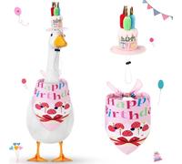 Dansydaisy Happy Birthday Goose Outfit Porch Goose Outfits with Happy Birthday Cake Hat and Bandana Yard Geese Outfits for 23" 17" Cement Plastic Geese Duck Decorations(Style 2,Pink)