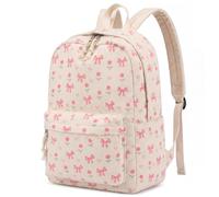 Dansydaisy Pink Bow Backpack for Girls Cute Corduroy Coquette 21L School Bookbag Backpack 17.5'' Large Capacity Daypack, White, 11.8 x 6 x 17.5 inches, Pink Bow Flower