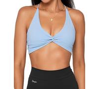 Danysu Backless Sports Bra Women's Buttery Soft Workout Tops with Removable Padded Yoga Training Bra Strappy Going Out Top, #2. twirl front sky blue, M