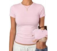 Danysu Cotton Jersey Crop Shirts Short Sleeve Tops with Built in Bra Slim Fit Basic Y2K Gym Workout Tee, Blush Pink, M