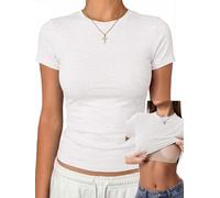 Danysu Cotton Jersey Crop Shirts Short Sleeve Tops with Built in Bra Slim Fit Basic Y2K Gym Workout Tee, Light Heather White, M
