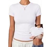 Danysu Cotton Jersey Crop Shirts Short Sleeve Tops with Built in Bra Slim Fit Basic Y2K Gym Workout Tee, White, M