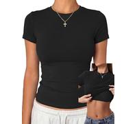 Danysu Cotton Jersey Crop Shirts Short Sleeve Tops with Built in Bra Slim Fit Basic Y2K Gym Workout Tee, Black, M