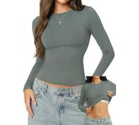 Danysu Double Lined Long Sleeve Tops with Built in Bra for Women High Scoop Neck Basic Slim Crop Fall Shirts Haze Green Medium