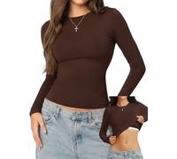 Danysu Double Lined Long Sleeve Tops with Built in Bra for Women High Scoop Neck Basic Slim Crop Fall Shirts Dark Coconut Medium