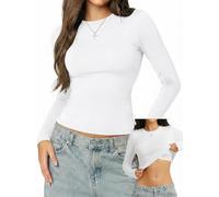 Danysu Double Lined Long Sleeve Tops with Built in Bra for Women High Scoop Neck Basic Slim Crop Fall Shirts Angle White X-Large