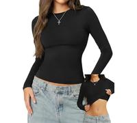 Danysu Double Lined Long Sleeve Tops with Built in Bra for Women High Scoop Neck Basic Slim Crop Fall Shirts Black X-Large
