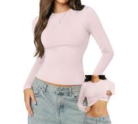Danysu Double Lined Long Sleeve Tops with Built in Bra for Women High Scoop Neck Basic Slim Crop Fall Shirts Frost Pink X-Large