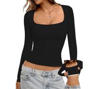 Danysu Double Lined Long Sleeve Tops with Built in Bra for Women Square Neck Basic Slim Crop Fall Shirts Black Small