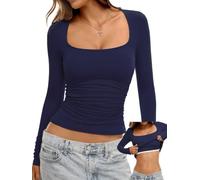 Danysu Double Lined Long Sleeve Tops with Built in Bra for Women Square Neck Basic Slim Crop Fall Shirts Ocean Blue Medium