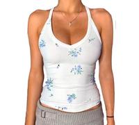 Danysu V Neck Racerback Tank Top for Women with Built in Bra Ribbed Long Tank Fitted Basic Cami Tops Floral Forget-me-not Blue S