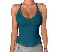 Danysu V Neck Racerback Tank Top for Women with Built in Bra Ribbed Long Tank Fitted Basic Cami Tops Ocean Depths XL