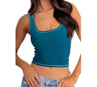 Danysu Women Cotton Rib Tank Top with Built in Bra Square Neck Crop Tank Fitted Basic Tops Ocean Depths XL