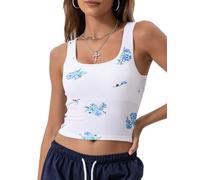 Danysu Women Tank Tops Ladies Crop Vest Top with Padded Workout Summer Top Square Neck Going Out Vest Ribbed Basic Cami Y2K Tank Floral Forget-me-not Blue XS