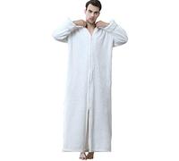 Daoba Men's Bathrobe Premium Flannel Fleece Plush Caftan Soft Long Robe Warm Housecoat Zip Front Man White