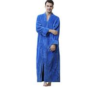 Daoba Men's Bathrobe Premium Flannel Fleece Plush Caftan Soft Long Robe Warm Housecoat Zip Front Man Blue