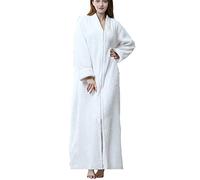 Daoba Womens Long Dressing Gown Nightwear Zip Up Bathrobe Ladies Fluffy Fleece Full Length Robe Soft Loungewear Birthday Presents Oversize for Pregnant Woman White