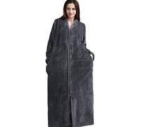 Daoba Womens Long Dressing Gown Nightwear Zip Up Bathrobe Ladies Fluffy Fleece Full Length Robe Soft Loungewear Birthday Presents Oversize for Pregnant Woman Grey