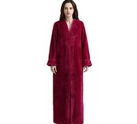 Daoba Womens Long Dressing Gown Nightwear Zip Up Bathrobe Ladies Fluffy Fleece Full Length Robe Soft Loungewear Birthday Presents Oversize for Pregnant Woman Rose Red