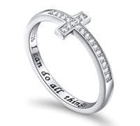 DAOCHONG 925 Sterling Silver Cross Sideways Rings for Women Size 7 | Cubic Zirconia Ring Engraved I Can Do All Things Inspirational Jewelry Gift for Christmas Anniversary Birthday