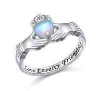 DAOCHONG 925 Sterling Silver Moonstone Claddagh Ring Engraved Love Loyalty Friendship Jewelry Gift for Women Size 7