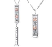 DAOCHONG I Love You Necklace Sterling Silver Rose Vertical Bar Necklace Engraved Hidden Message Two Tone Flowers Secret Square Tubes Pendant Jewelry Romantic Birthday Gifts for Women